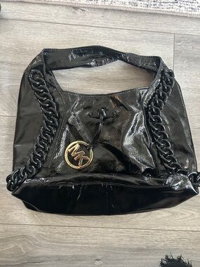 Michael Kors Black Patent Leather Shoulder Bag with Gold MK Charm